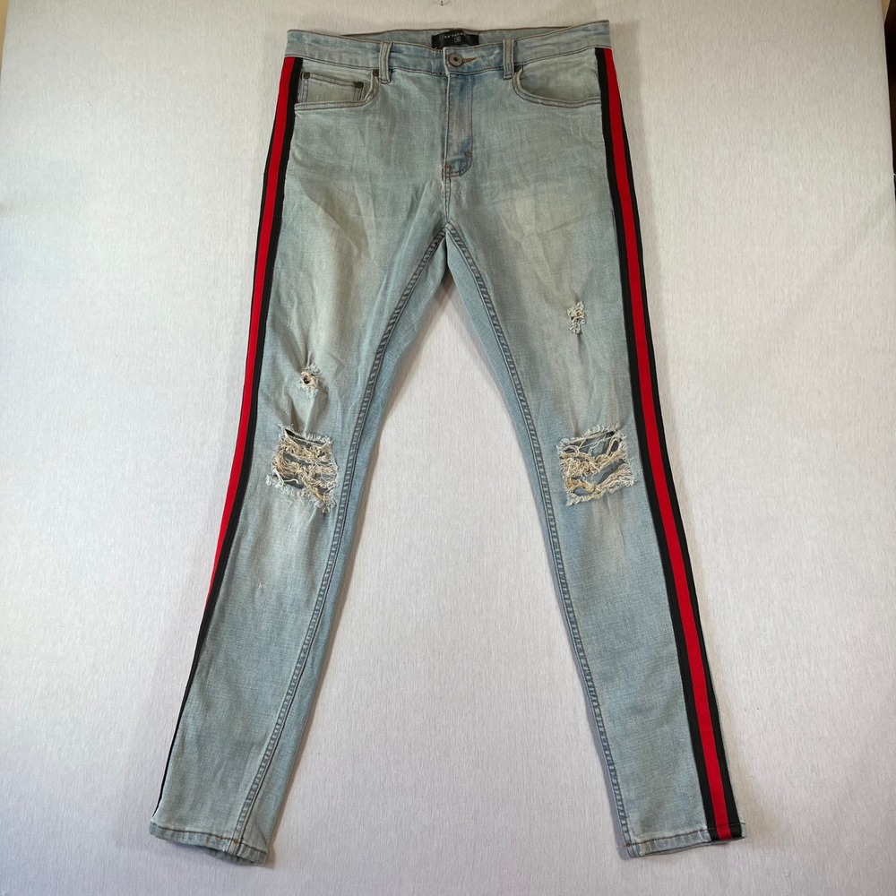 Serenade Jeans Mens 34x32 Light Wash Distressed Skinny Red Side Stripe Stretch